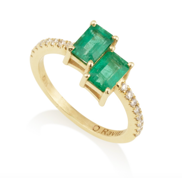 Elegant Double Emerald and Diamond Gold Ring