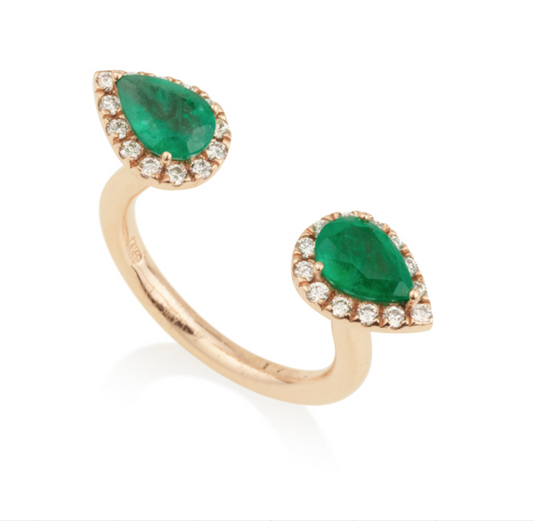 Teardrop Emerald and Diamond Open Gold Ring