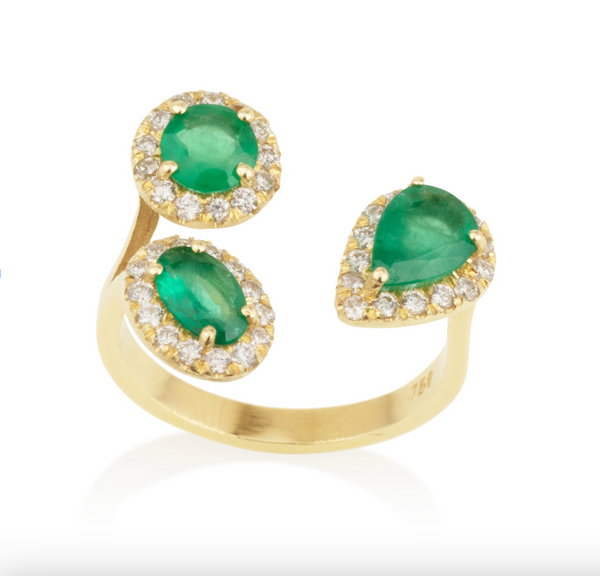 Triple Diamond and Gemstone Open Gold Ring