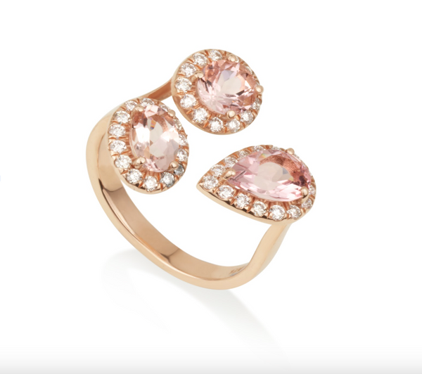 Triple Diamond and Gemstone Open Gold Ring