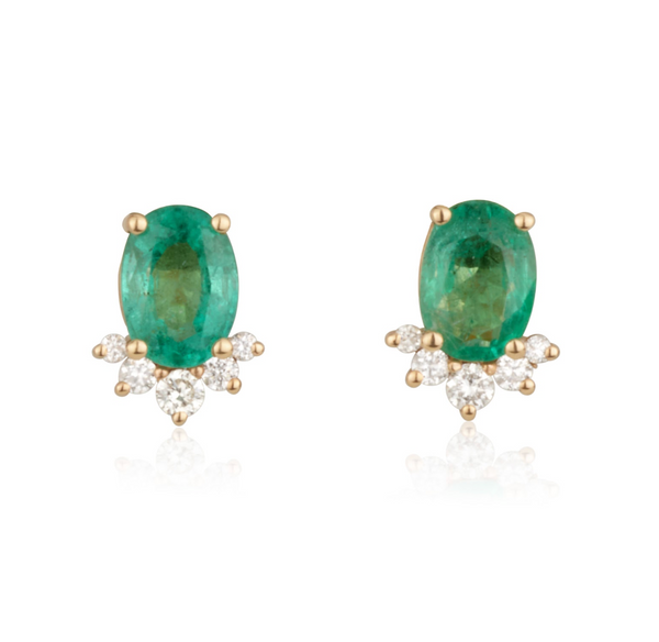 Majestic Oval Emerald and Diamond Stud Gold Earrings