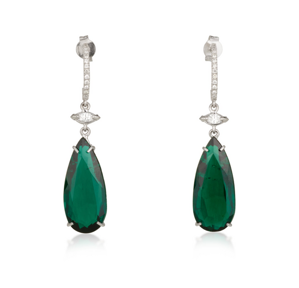 Glamorous Diamond and Emerald Chatham Drop Gold Earrings