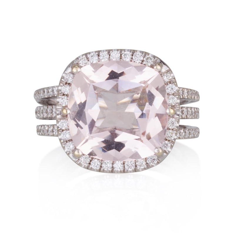 Dazzling cushion cut Morganite  solitaire ring with triple diamond pave bands