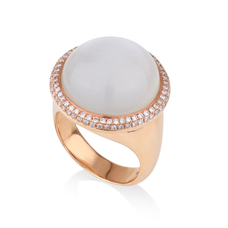Rose gold round mid size statement ring with Moonstone and diamond pave