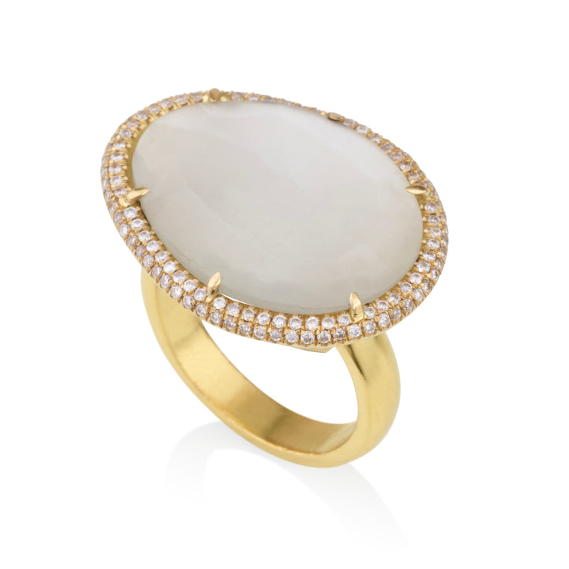 Amorphous Moonstone ring with diamond halo