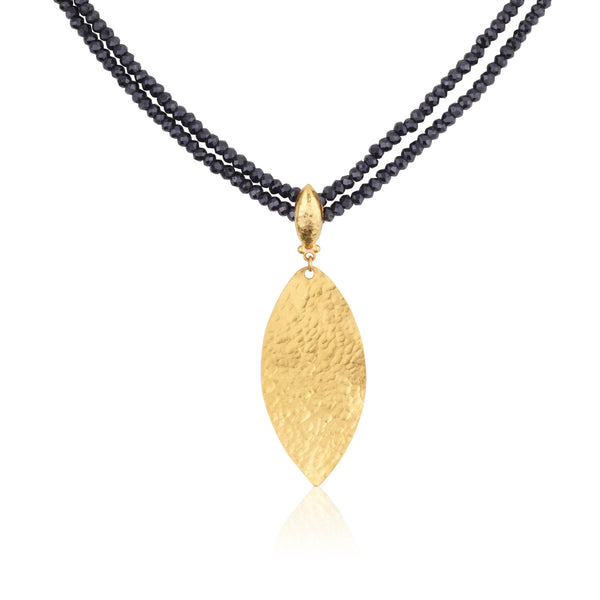 Decadent spinel beads necklace with gold leaf pendant