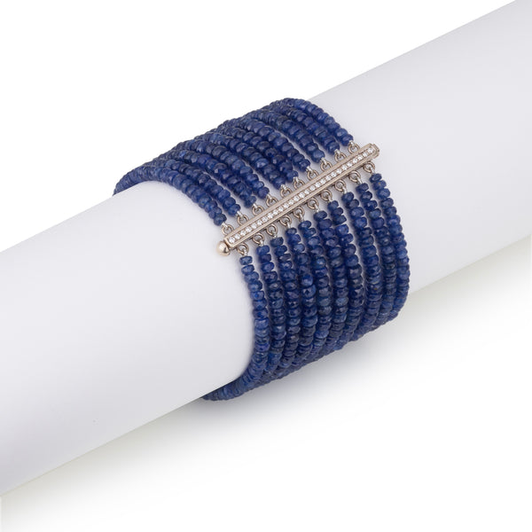 Diamond bar bracelet with Blue Sapphire beads