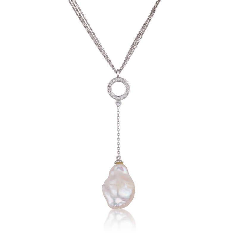 Modern Y pearl necklace with diamond circle