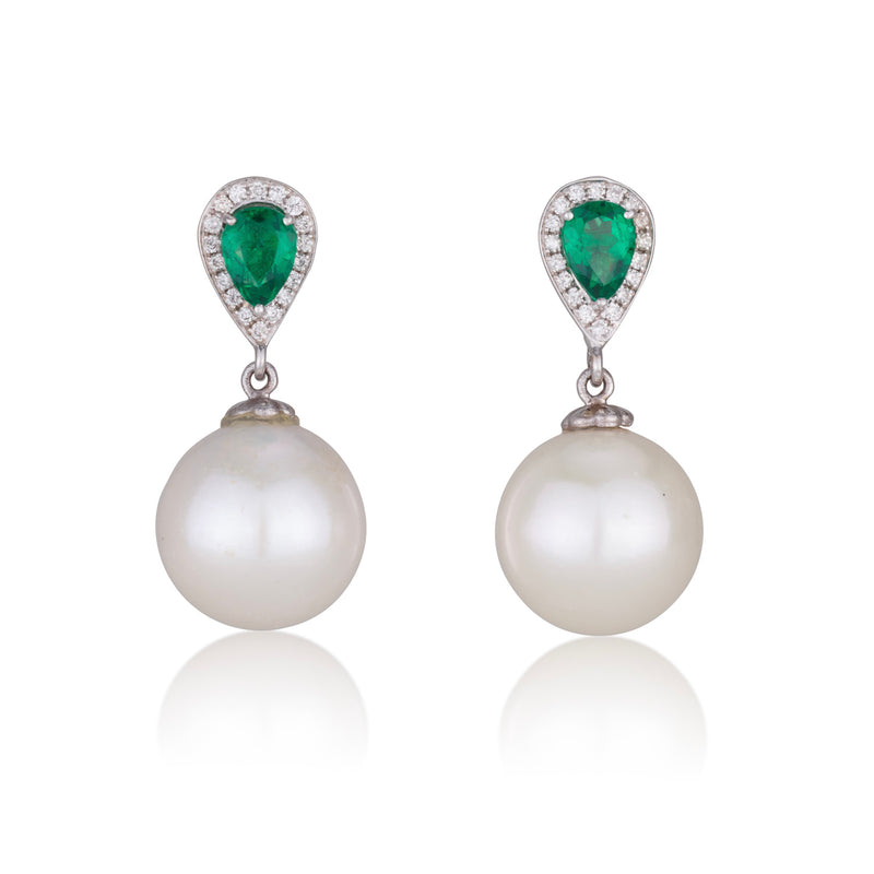 Dangling pearl earrings with green chatham