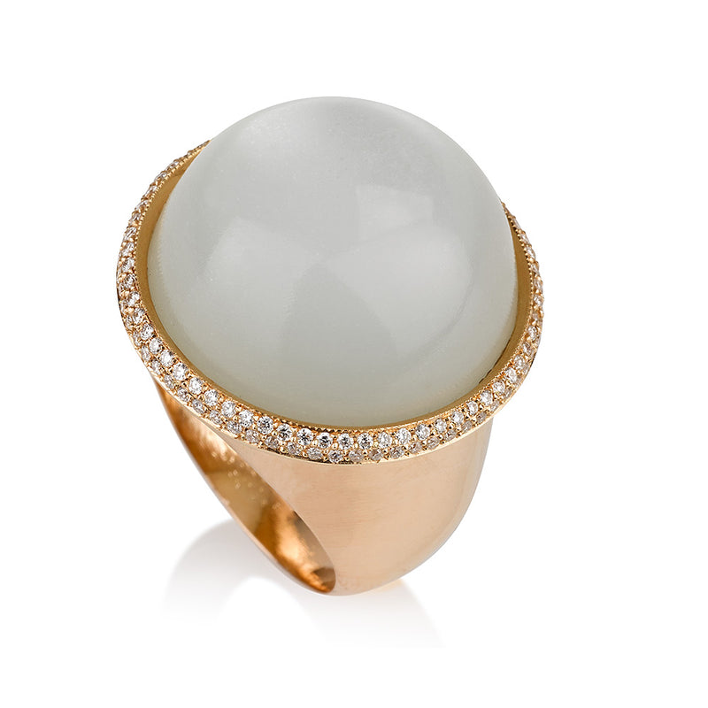 Rose gold round statement ring with Moonstone and diamond pave