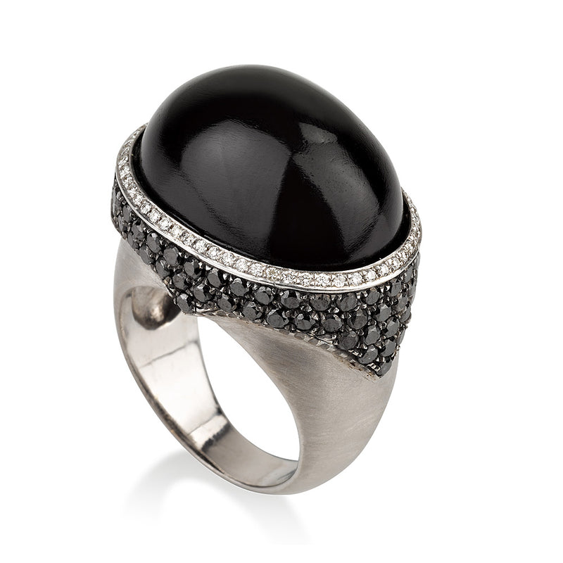 Salt & Pepper oval statement ring with black and white diamonds