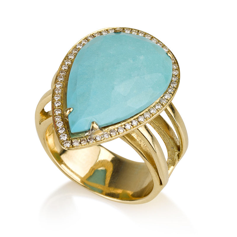 Spectrum | Turquoise pear shape bridge ring with diamond pave
