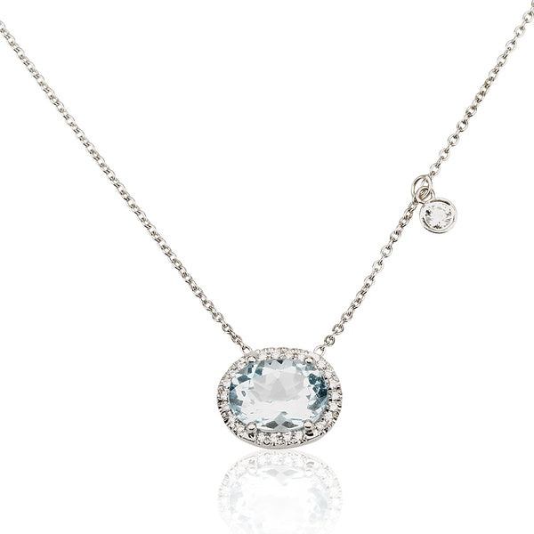 A dazzling oval Aquamarine and diamond halo necklace