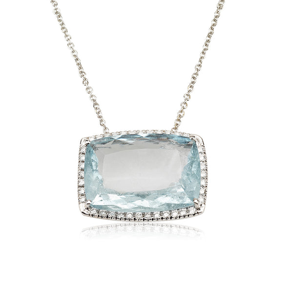 A dazzling rectangle Aquamarine and diamond halo necklace