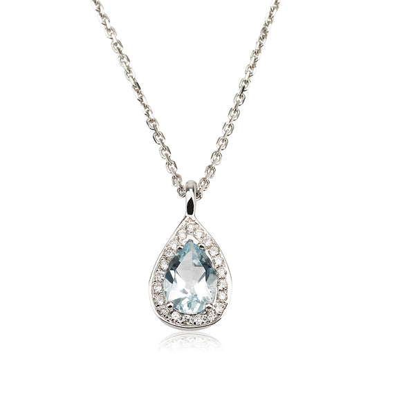 A dazzling pear shaped Aquamarine and diamond halo necklace