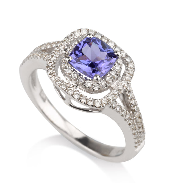 Cushion double diamond halo engagement ring with Tanzanite