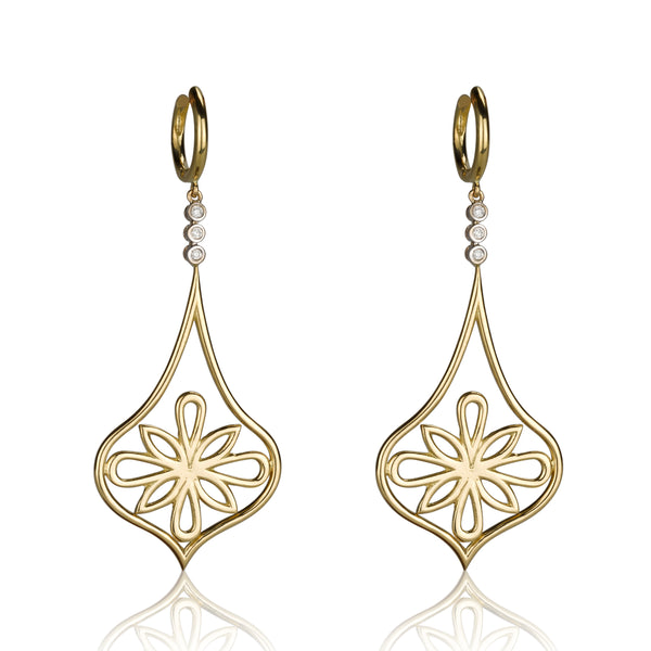 Arabesque long dangling gold & diamond earrings