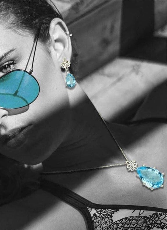 Elza | Decorative diamond pave necklace with Blue Topaz pear shape