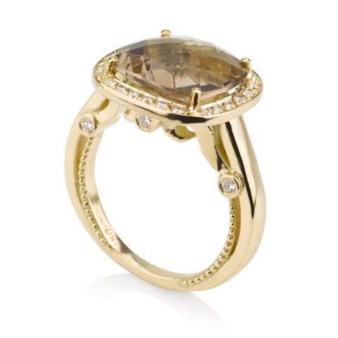 Classic cushion cut Smoky Quartz ring with a decorative band and diamonds