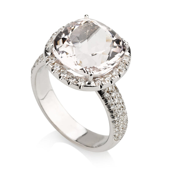 Stunning cushion cut solitaire Morganite ring with diamond pave