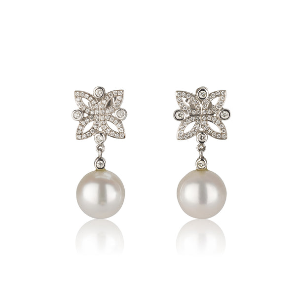 Dangling  earrings with Iris and pearl drops