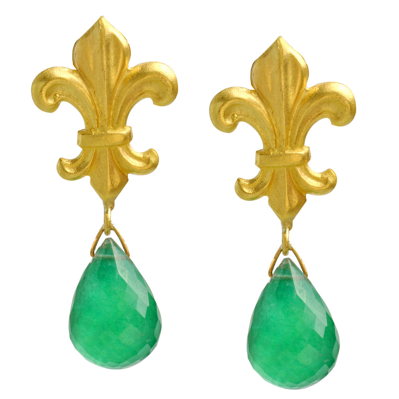 Fleur de Lis stud earrings with dangling green quartz teardrop briolettes