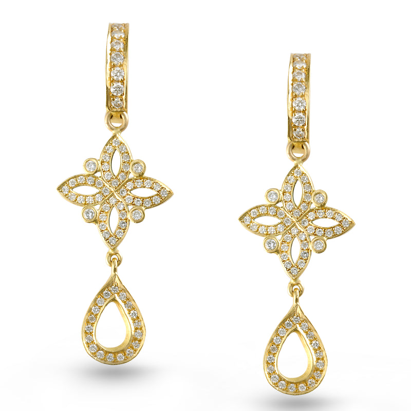 Iris diamond pave huggie earrings with dangling miniature iris medallions